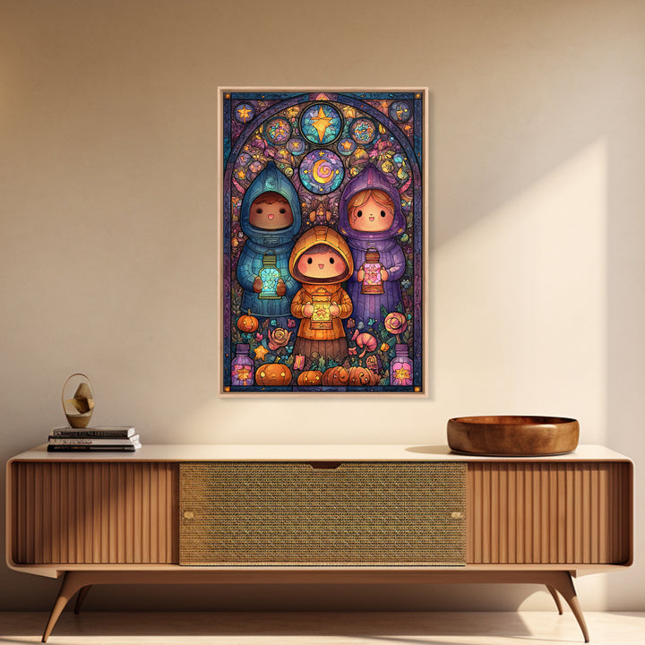 The Lantern Market Beyond The Veil, Stained Glass Halloween, Vertical Wall Art, Canvas Print, Cute Halloween Wall Art