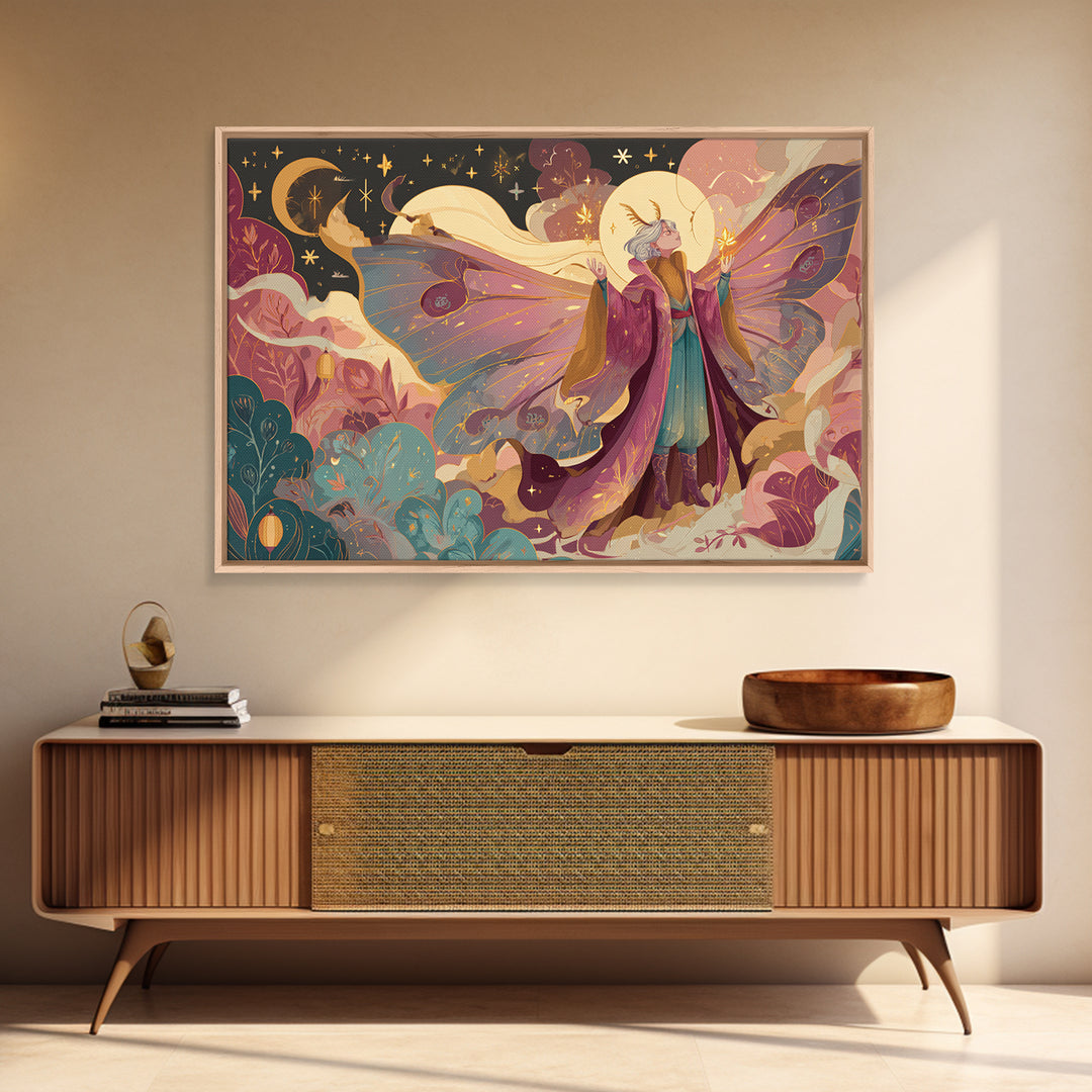 The Moth Prophet Of Kadath, Vaporwave Halloween Art, Landscape Wall Art, Framed Canvas Print, Cute Halloween Wall Art