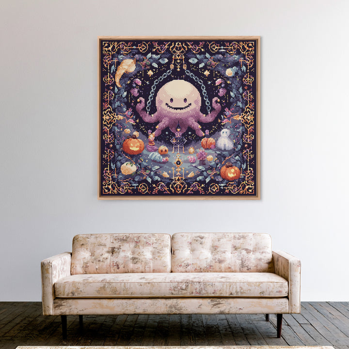 The Moonlit Shoggoth Menagerie, Pixel Halloween Art, Square Wall Art, Canvas Print, Cute Halloween Wall Art