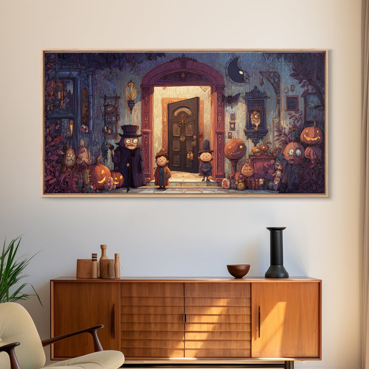 The Thirteenth Door Of Arkham House, Vector Halloween Art, Wide Panoramic Art, Framed Canvas Print, Cute Halloween Wall Art