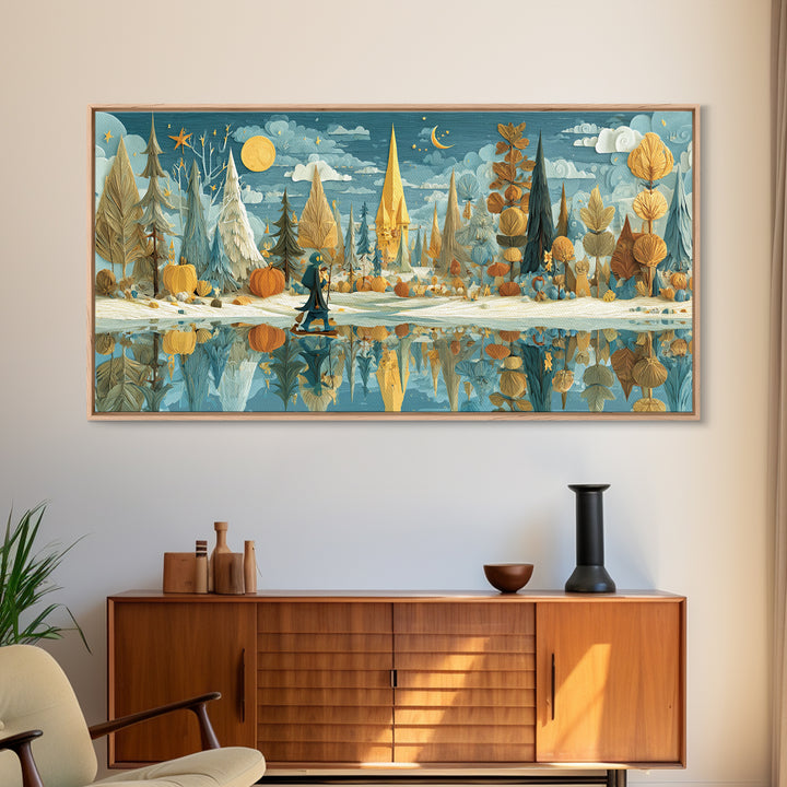 The Frost Beyond Carcosa, Paper Collage Halloween, Wide Panoramic Art, Framed Canvas Print, Cute Halloween Wall Art