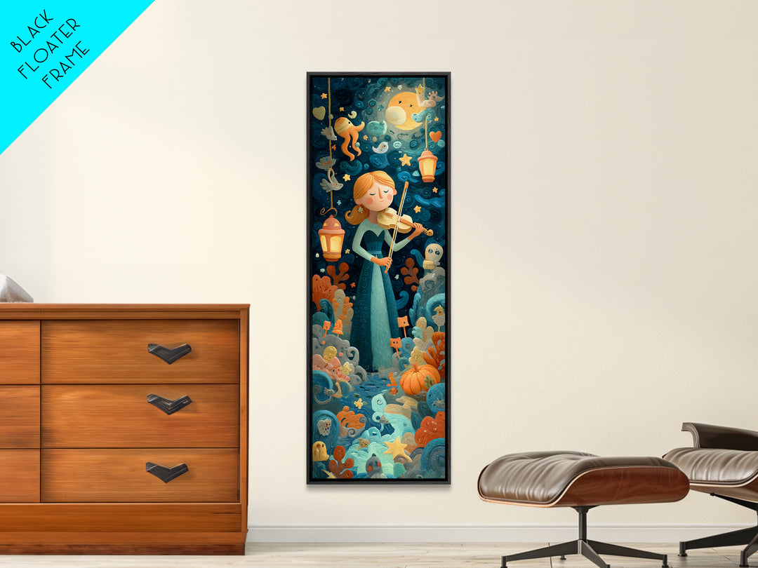 The Violinist Of The Drowned Moon, Clay Halloween Art, Tall Narrow Wall Art, Framed Canvas Print, Cute Halloween Wall Art