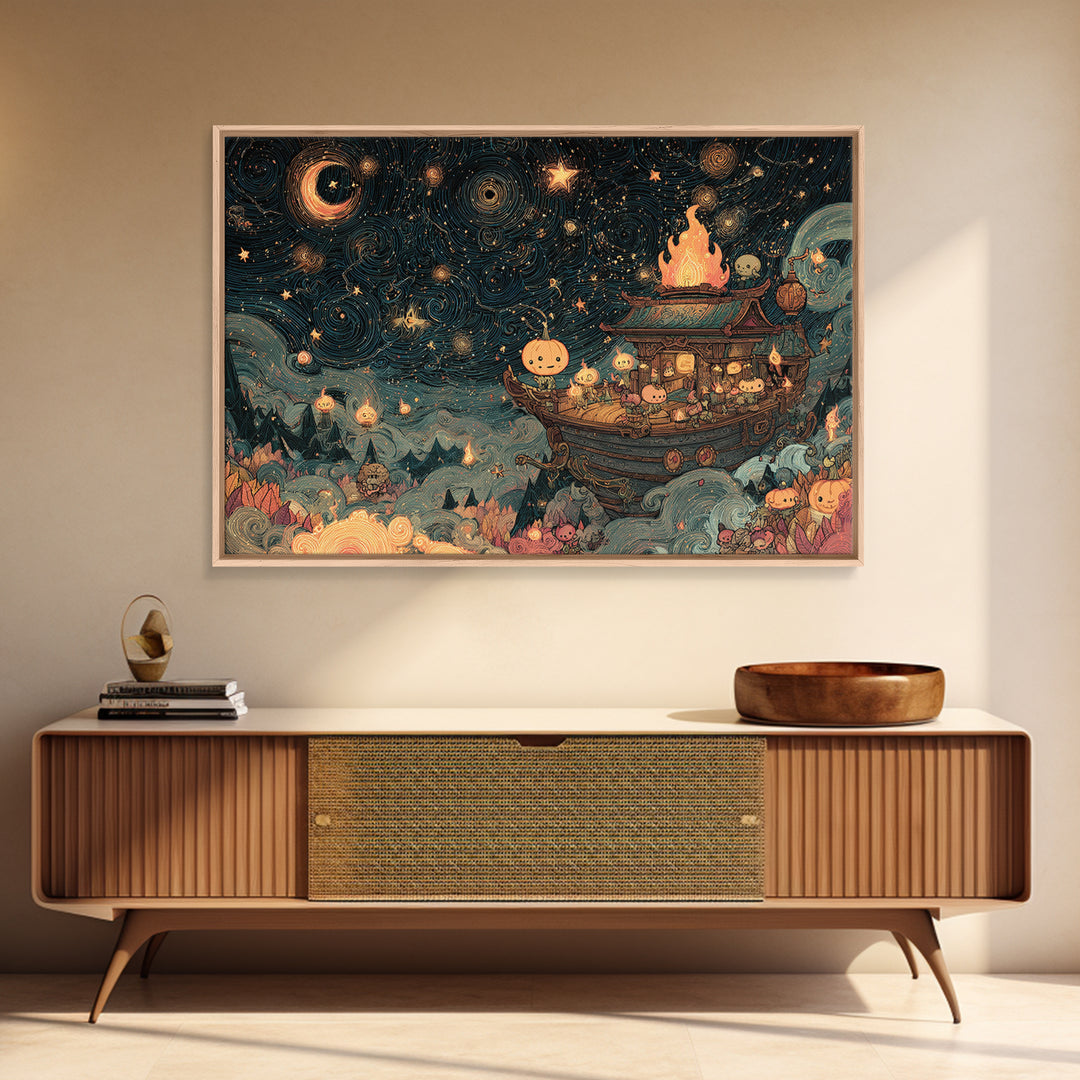 The Candelit Ark Of Forgotten Stars, Kawaii Halloween Art, Landscape Wall Art, Framed Canvas Print, Cute Halloween Wall Art
