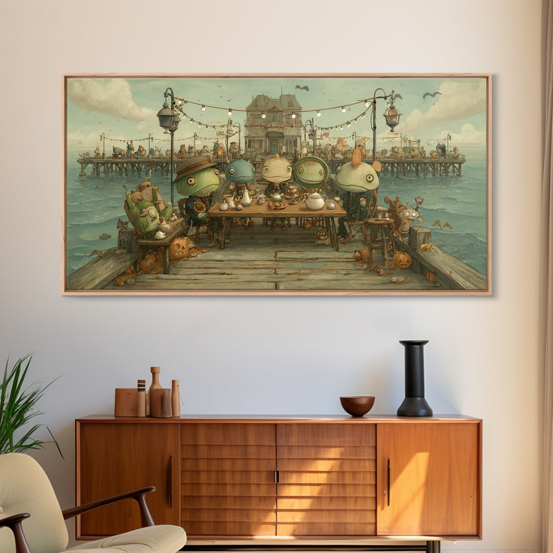 The Tea Party At Innsmouth Pier, Screenprint Halloween Art, Wide Panoramic Art, Framed Canvas Print, Cute Halloween Wall Art