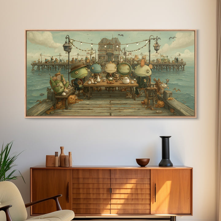 The Tea Party At Innsmouth Pier, Screenprint Halloween Art, Wide Panoramic Art, Framed Canvas Print, Cute Halloween Wall Art