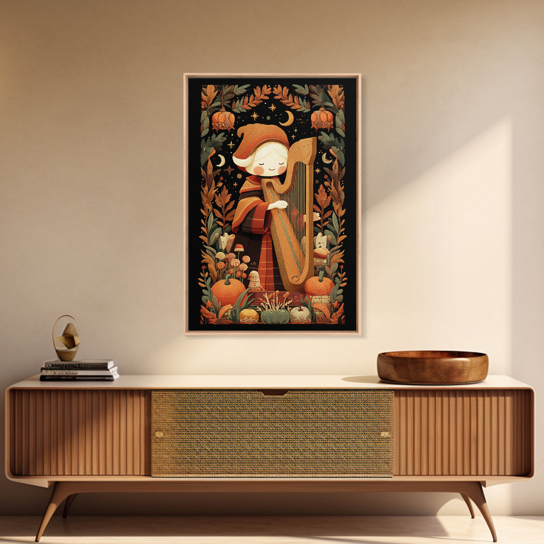 The Harpist Of Abyssal Sleep, Embroidered Halloween Art, Vertical Wall Art, Canvas Print, Cute Halloween Wall Art