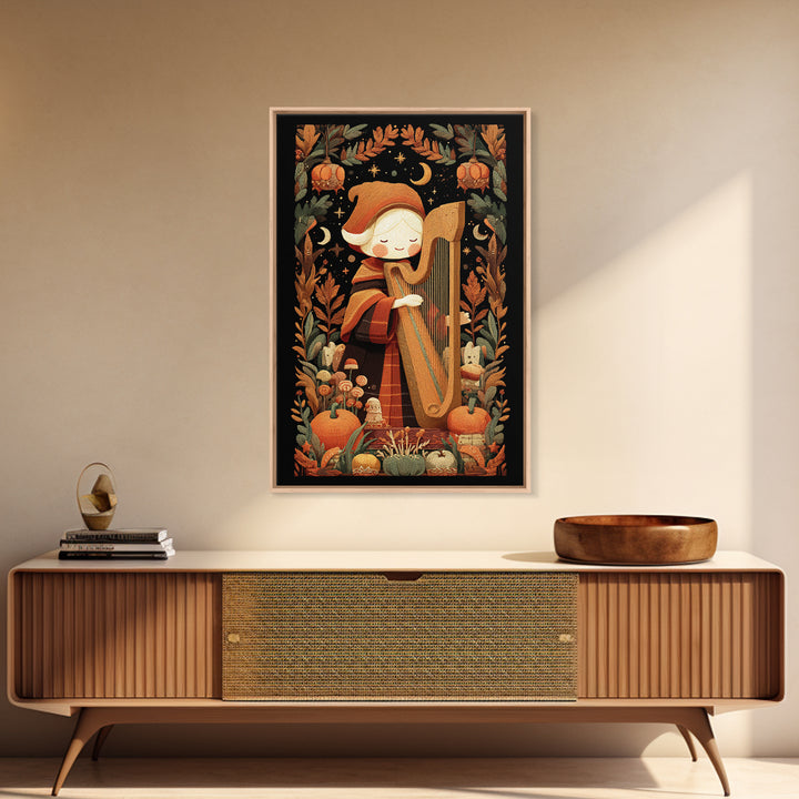 The Harpist Of Abyssal Sleep, Embroidered Halloween Art, Vertical Wall Art, Canvas Print, Cute Halloween Wall Art