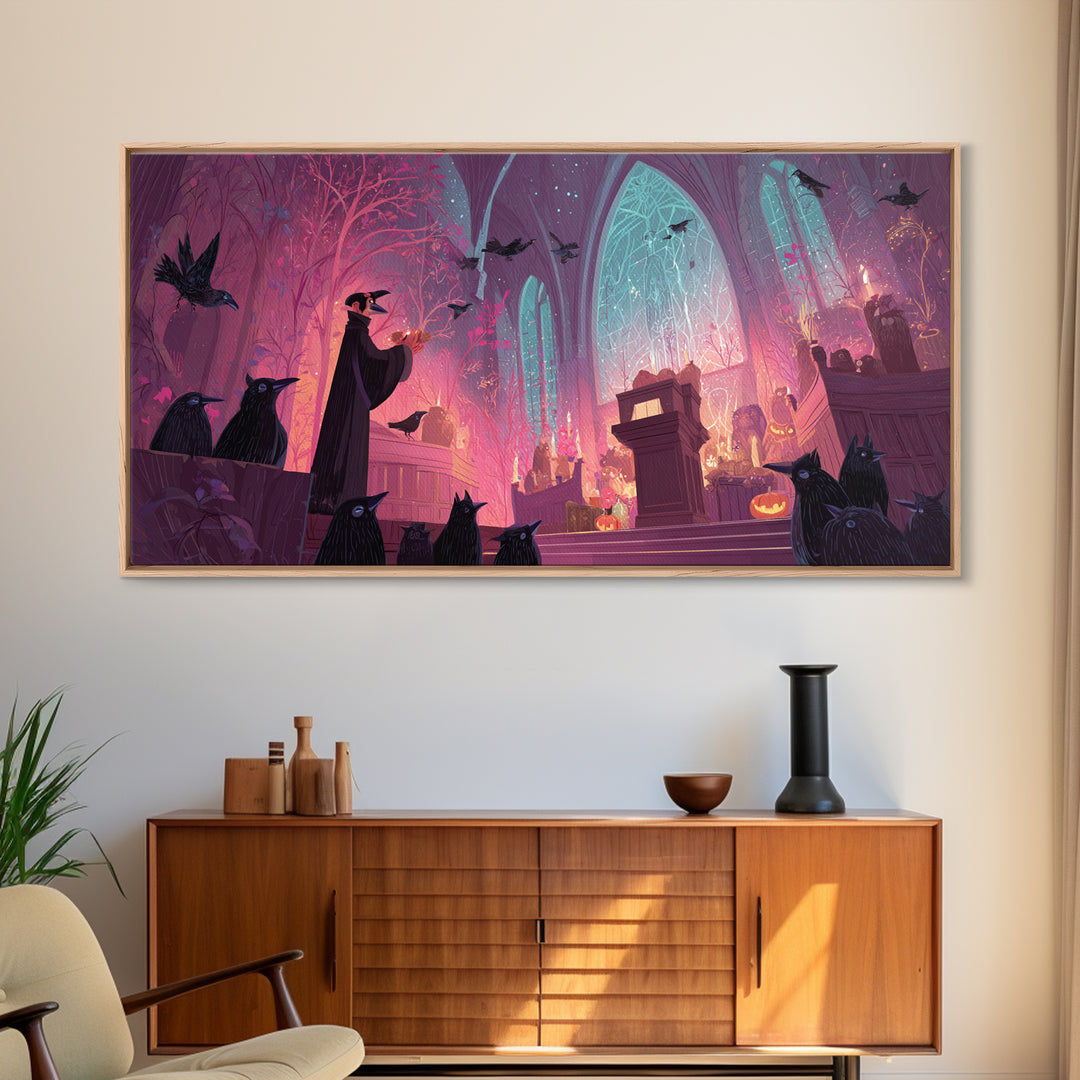 The Raven Sermon Of Leng, Vaporwave Halloween Art, Wide Panoramic Art, Framed Canvas Print, Cute Halloween Wall Art