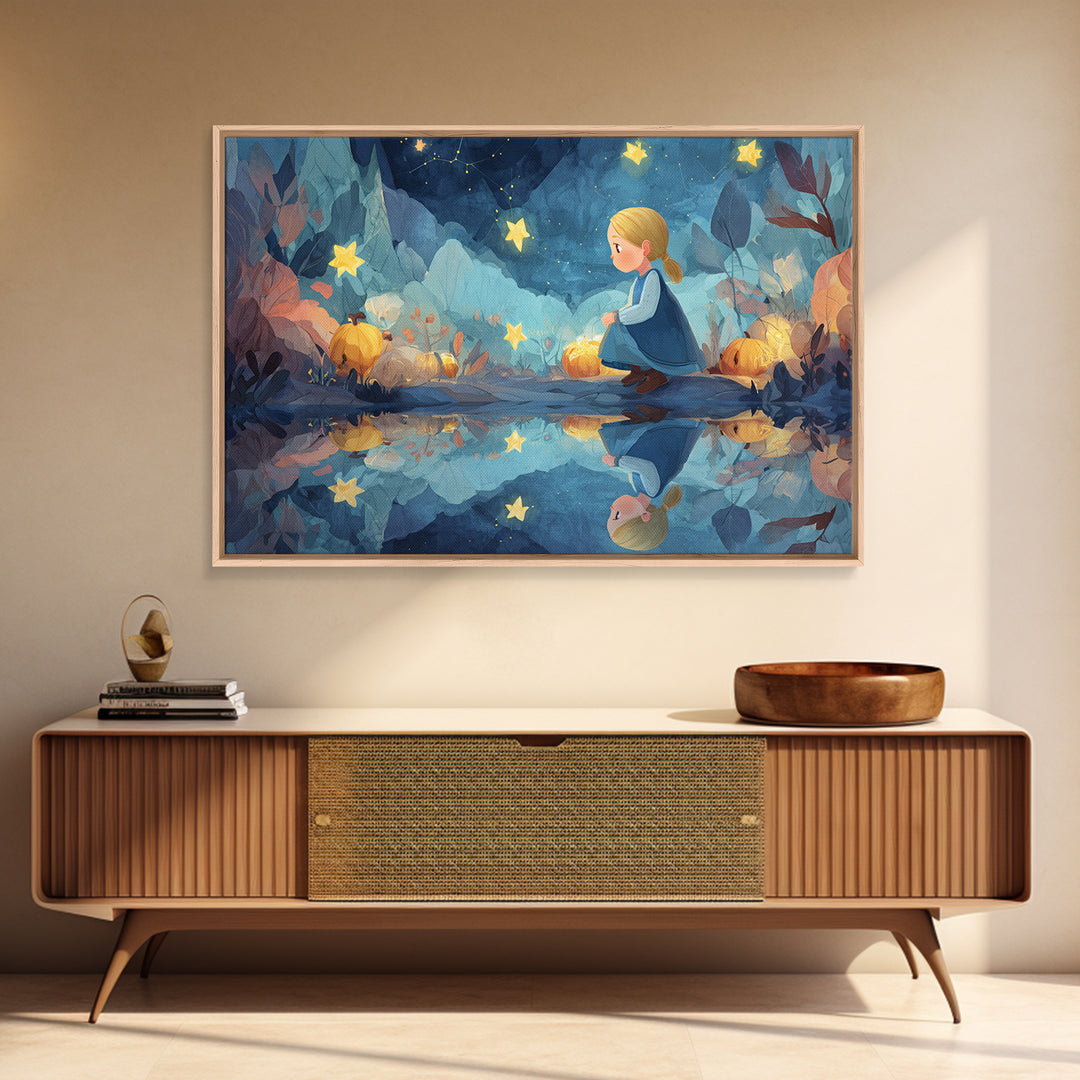 The Mirror Lake Of Lost Constellations, Watercolor Halloween Art, Landscape Wall Art, Framed Canvas Print, Cute Halloween Wall Art