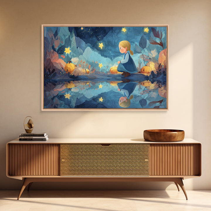 The Mirror Lake Of Lost Constellations, Watercolor Halloween Art, Landscape Wall Art, Framed Canvas Print, Cute Halloween Wall Art