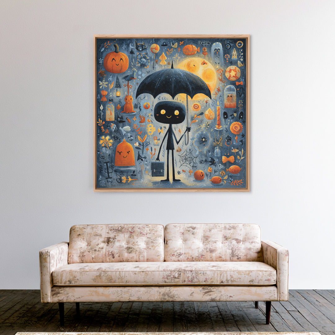 The Umbrella Of The Outer Rain, Gouache Halloween Art, Square Wall Art, Canvas Print, Cute Halloween Wall Art