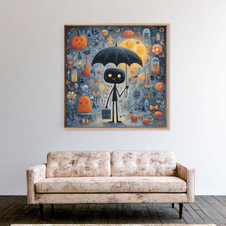 The Umbrella Of The Outer Rain, Gouache Halloween Art, Square Wall Art, Canvas Print, Cute Halloween Wall Art
