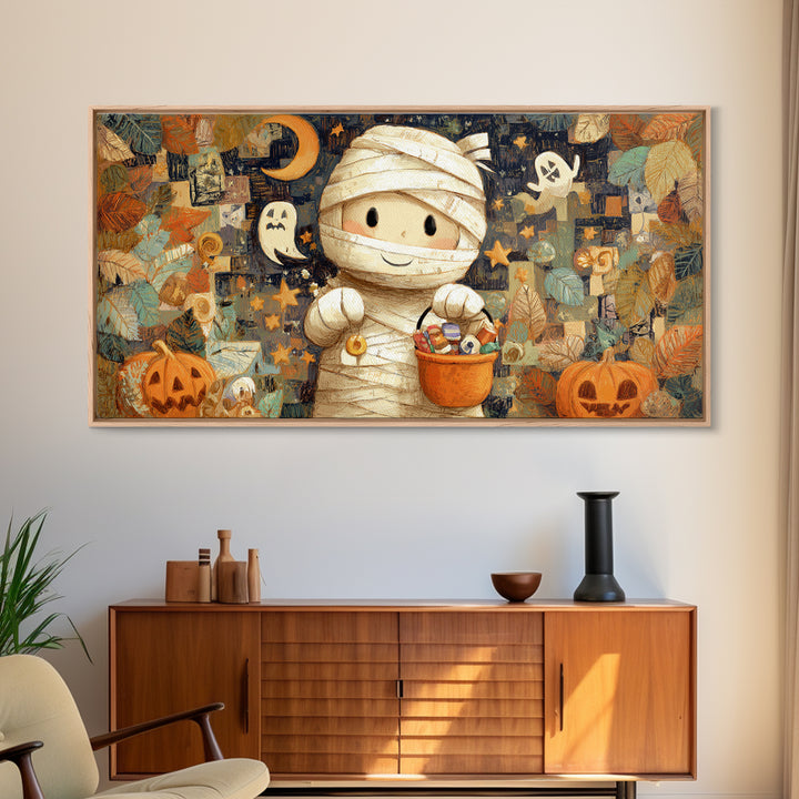 The Shy Little Mummy, Crayon Halloween Art, Wide Panoramic Art, Framed Canvas Print, Cute Halloween Wall Art