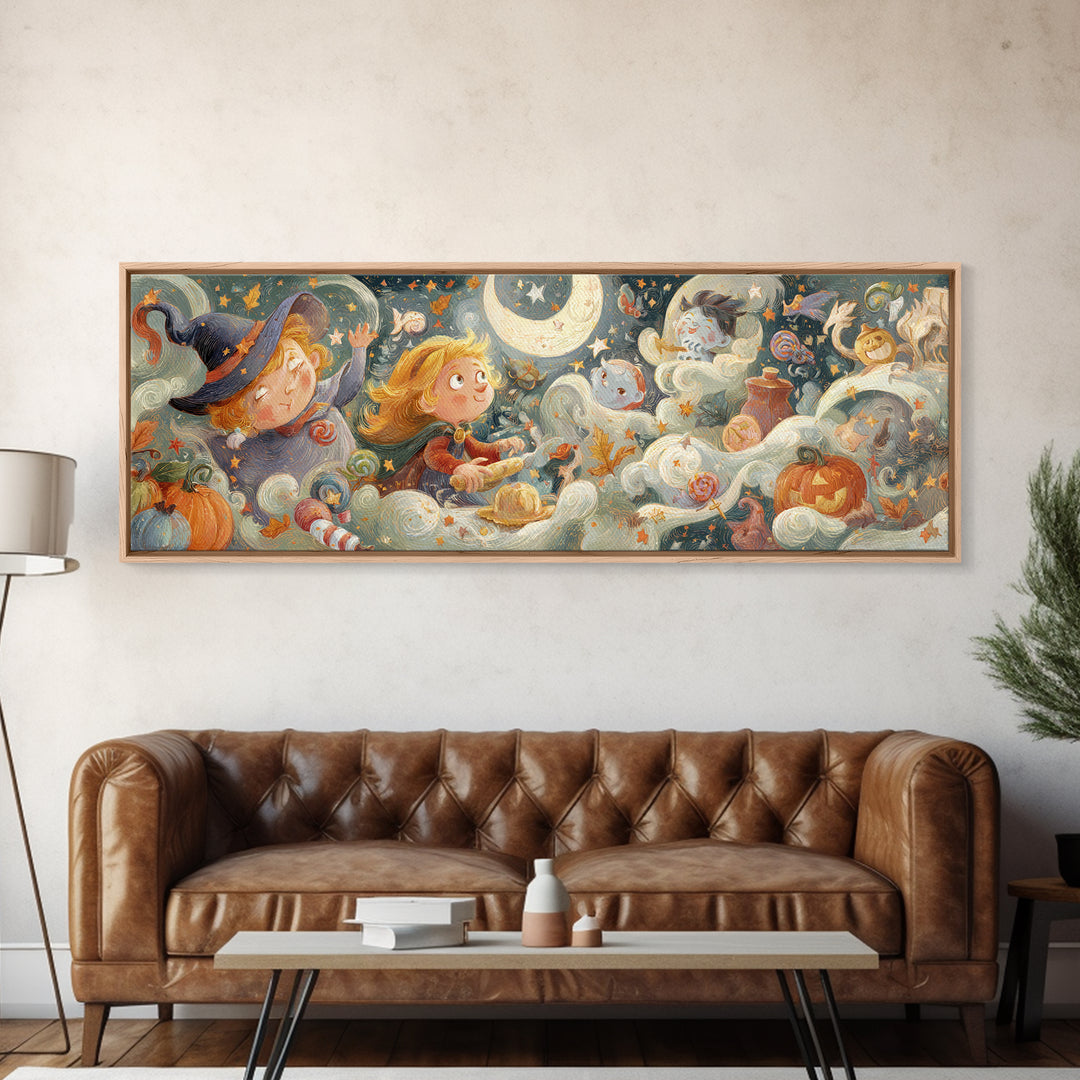 The Cookie Spellcaster, Pastel Halloween Art, Extra Wide Wall Art, Canvas Print, Cute Halloween Wall Art