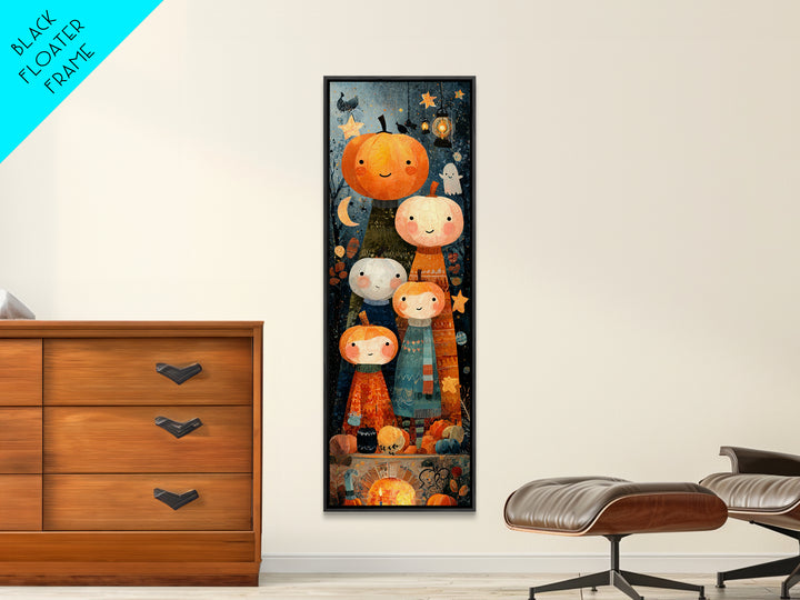 The Pumpkin Family Portrait, Paper Collage Halloween, Tall Narrow Wall Art, Framed Canvas Print, Cute Halloween Wall Art