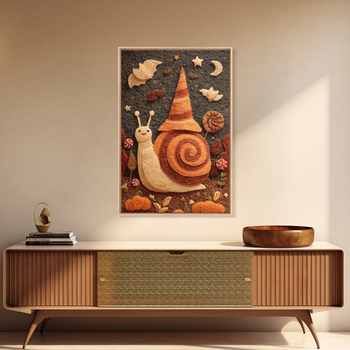 The Cinnamon-Roll Snail Witch, Felt Halloween Art, Vertical Wall Art, Canvas Print, Cute Halloween Wall Art