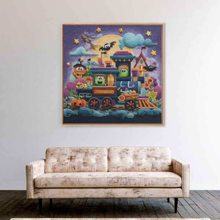 The Trick-Or-Treat Express, Plush Halloween Art, Square Wall Art, Canvas Print, Cute Halloween Wall Art