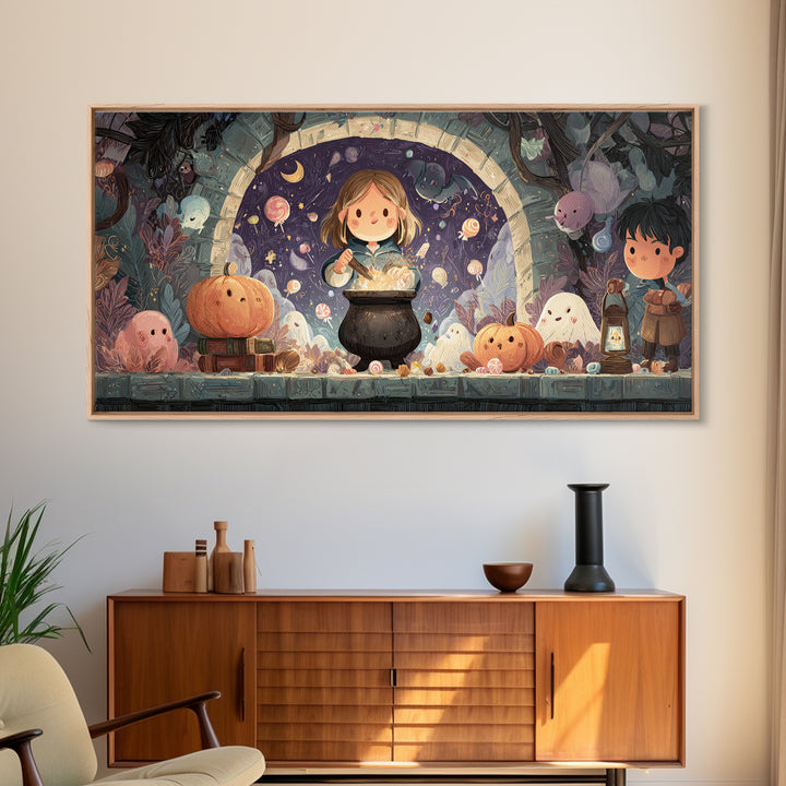 The Dreamwell Beneath Miskatonic, Kawaii Halloween Art, Wide Panoramic Art, Framed Canvas Print, Cute Halloween Wall Art