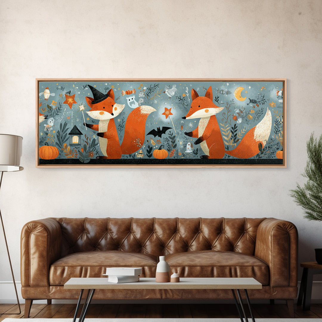 The Fox Wizard, Retro Halloween Art, Extra Wide Wall Art, Canvas Print, Cute Halloween Wall Art, Cozy Autumn Kids Decor