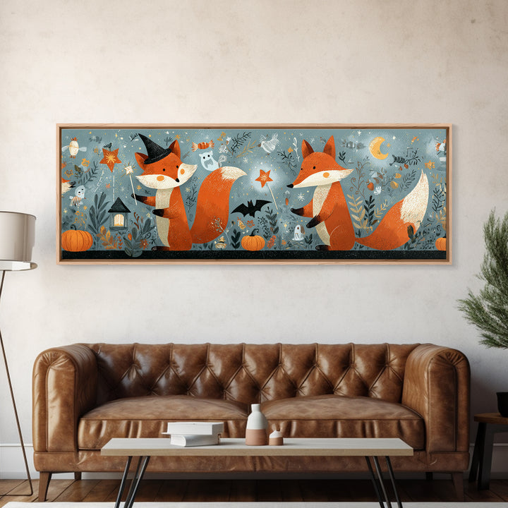 The Fox Wizard, Retro Halloween Art, Extra Wide Wall Art, Canvas Print, Cute Halloween Wall Art, Cozy Autumn Kids Decor
