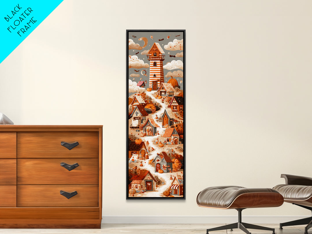 Candy Corn Village, Screenprint Halloween Art, Tall Narrow Wall Art, Framed Canvas Print, Cute Halloween Wall Art