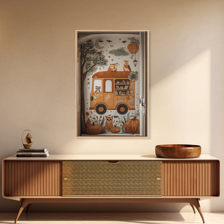 The Pumpkin Bookmobile, Folk Halloween Art, Vertical Wall Art, Canvas Print, Cute Halloween Wall Art