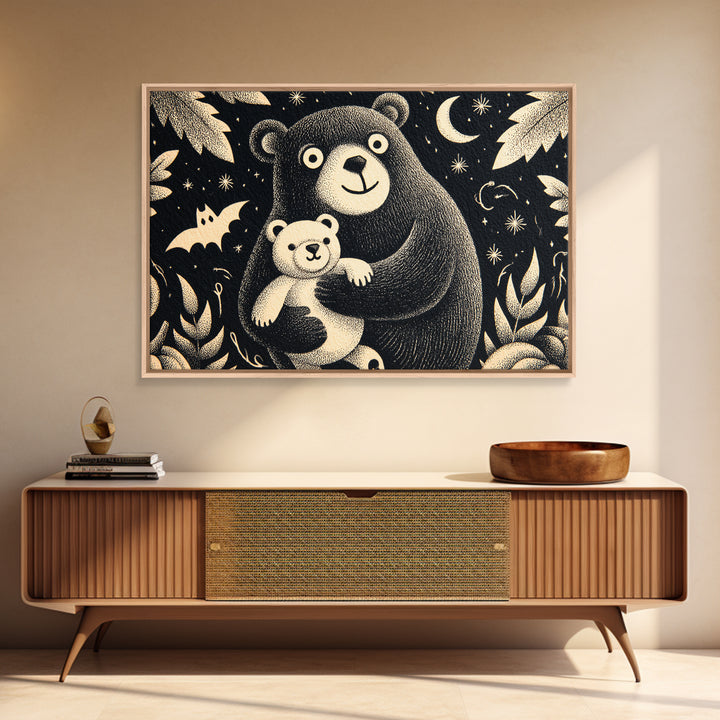 The Three-Eyed Teddy Monster, Linocut Halloween Art, Landscape Wall Art, Framed Canvas Print, Cute Halloween Wall Art