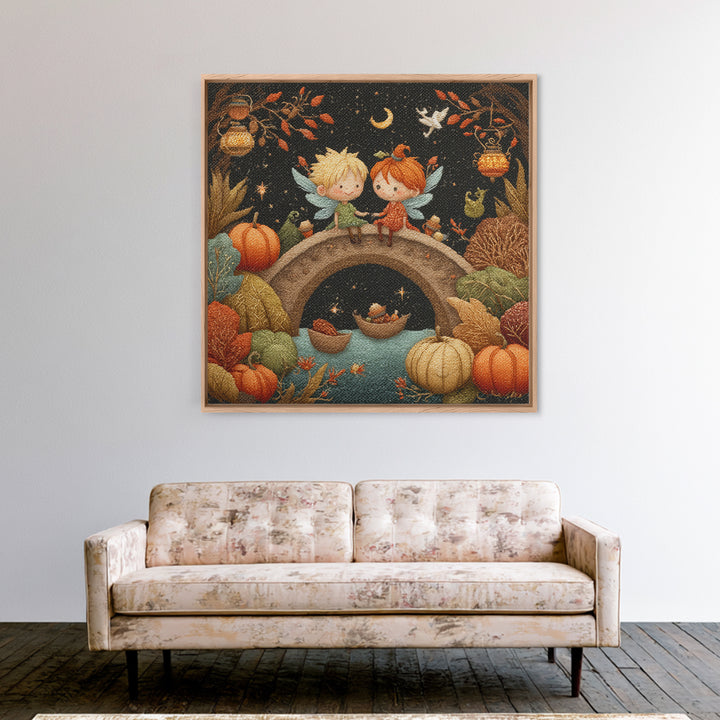 The Autumn Fairy Bridge, Embroidered Halloween Art, Square Wall Art, Canvas Print, Cute Halloween Wall Art