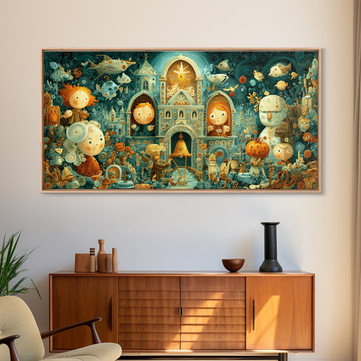The Bellringer Of The Sunken Cathedral, Quilled Halloween Art, Wide Panoramic Art, Framed Canvas Print, Cute Halloween Wall Art