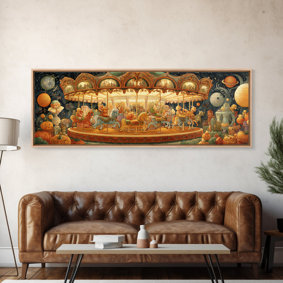 The Carousel Of Sleeping Planets, Stained Glass Halloween, Extra Wide Wall Art, Canvas Print, Cute Halloween Wall Art
