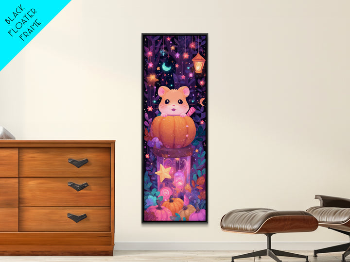 The Pumpkin Hamster, Vaporwave Halloween Art, Tall Narrow Wall Art, Framed Canvas Print, Cute Halloween Wall Art