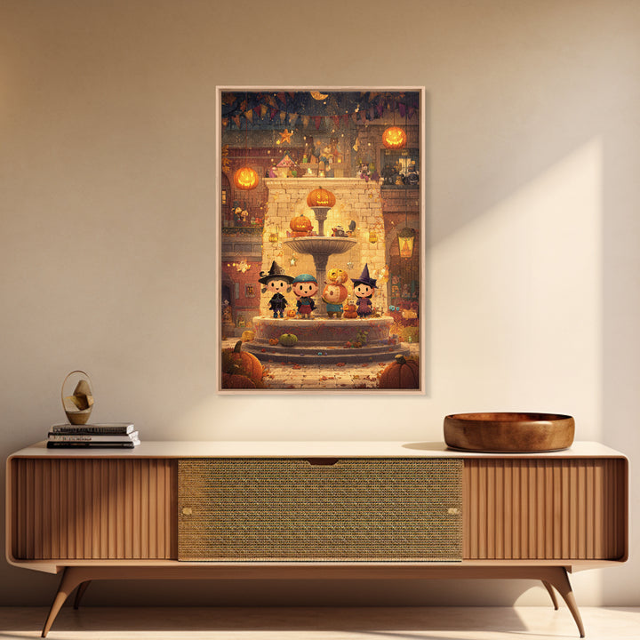 The Trick-Or-Treat Village Square, Pixel Halloween Art, Vertical Wall Art, Canvas Print, Cute Halloween Wall Art