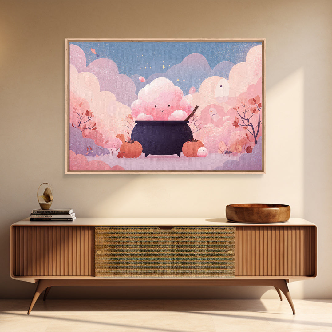 The Cotton-Candy Cauldron, Vector Halloween Art, Landscape Wall Art, Framed Canvas Print, Cute Halloween Wall Art