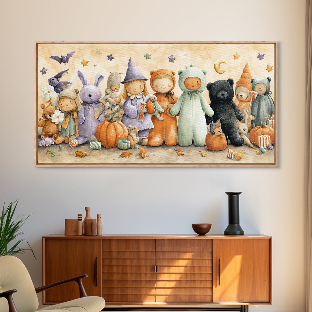 The Halloween Toy Kingdom, Watercolor Halloween Art, Wide Panoramic Art, Framed Canvas Print, Cute Halloween Wall Art