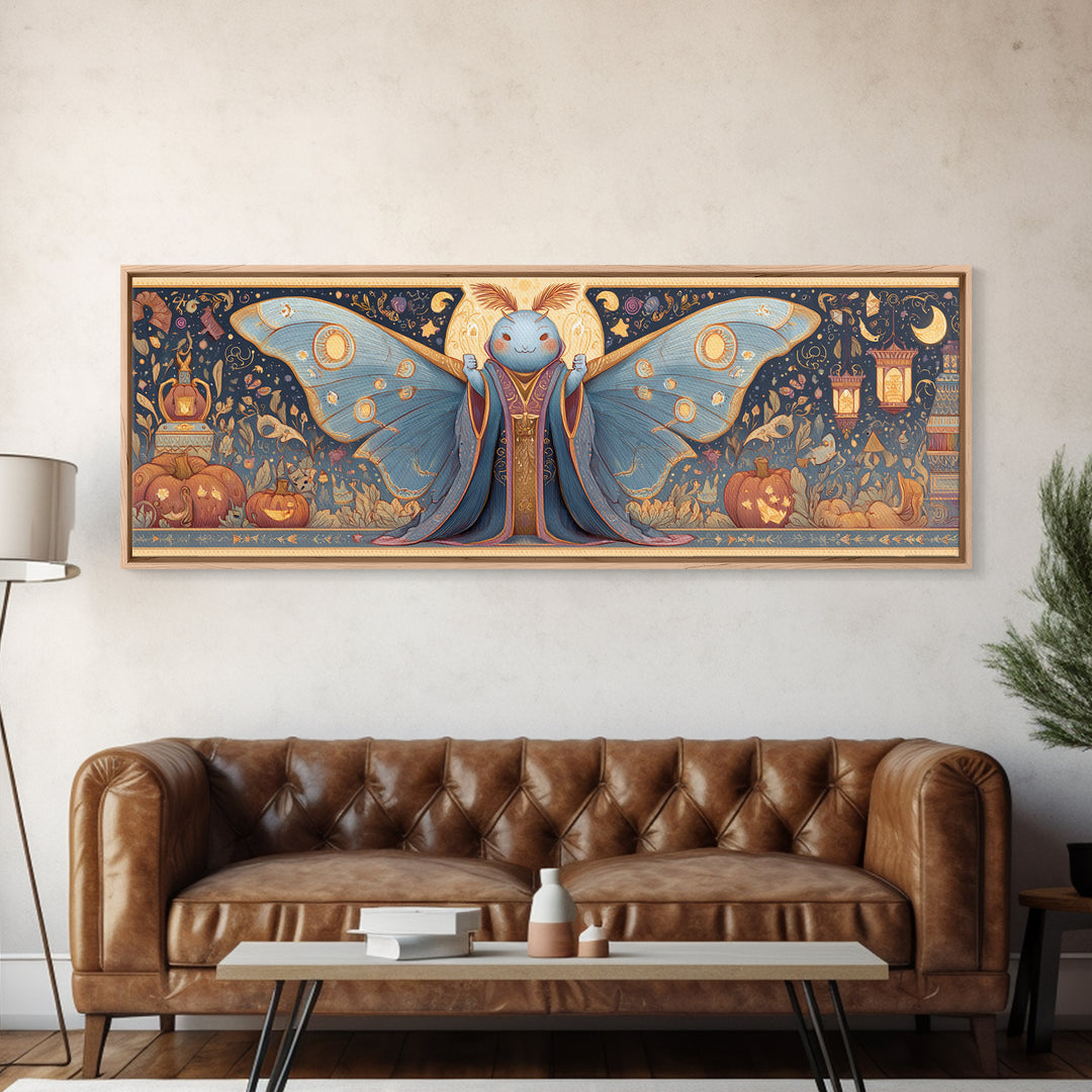 The Moth Prophet Of Kadath, Gouache Halloween Art, Extra Wide Wall Art, Canvas Print, Cute Halloween Wall Art
