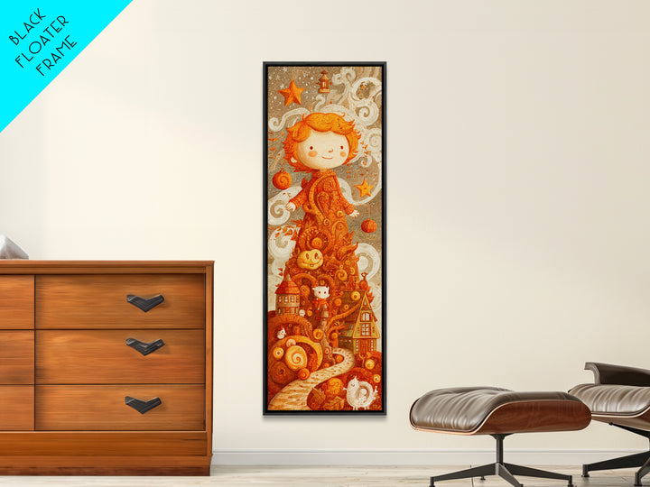 The Autumn Leaf Sprite, Crayon Halloween Art, Tall Narrow Wall Art, Framed Canvas Print, Cute Halloween Wall Art