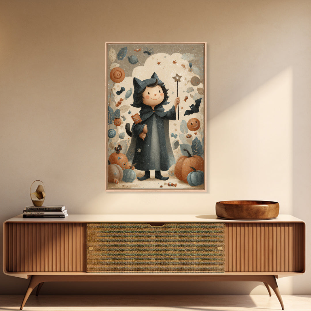 The Costume-Changing Wand, Pastel Halloween Art, Vertical Wall Art, Canvas Print, Cute Halloween Wall Art