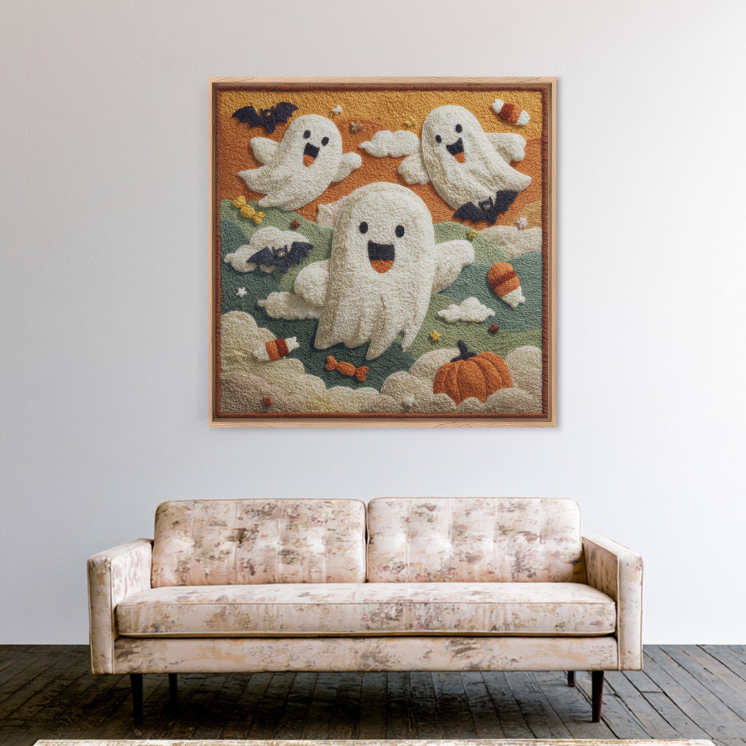 The Ghost Kite Festival, Felt Halloween Art, Square Wall Art, Canvas Print, Cute Halloween Wall Art, Halloween Kids Decor