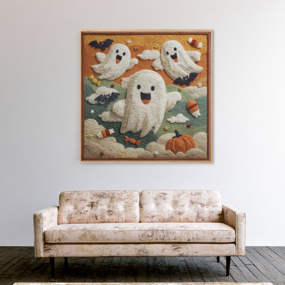 The Ghost Kite Festival, Felt Halloween Art, Square Wall Art, Canvas Print, Cute Halloween Wall Art, Halloween Kids Decor