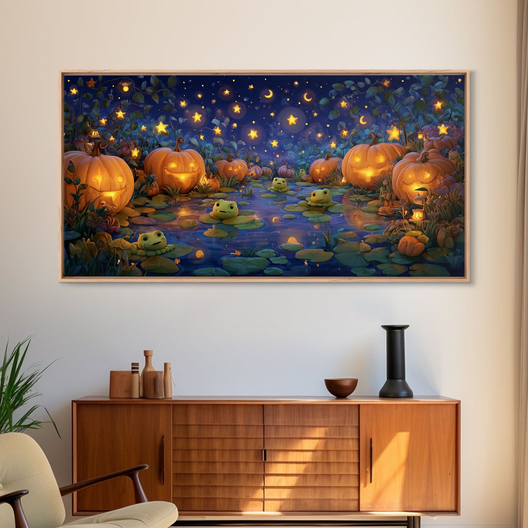 The Star-Filled Pumpkin Pond, Clay Halloween Art, Wide Panoramic Art, Framed Canvas Print, Cute Halloween Wall Art