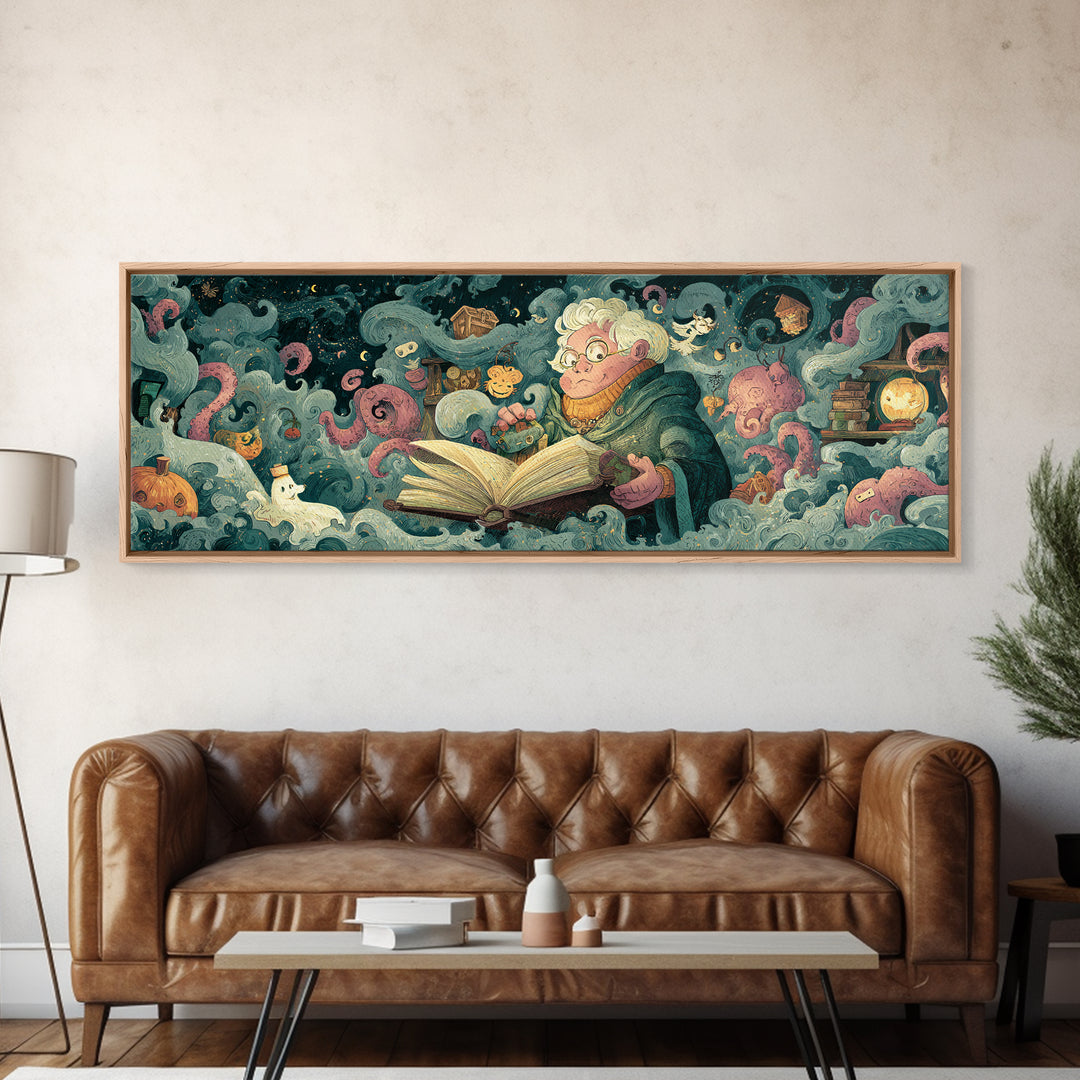The Librarian Of Forbidden Tides, Plush Halloween Art, Extra Wide Wall Art, Canvas Print, Cute Halloween Wall Art
