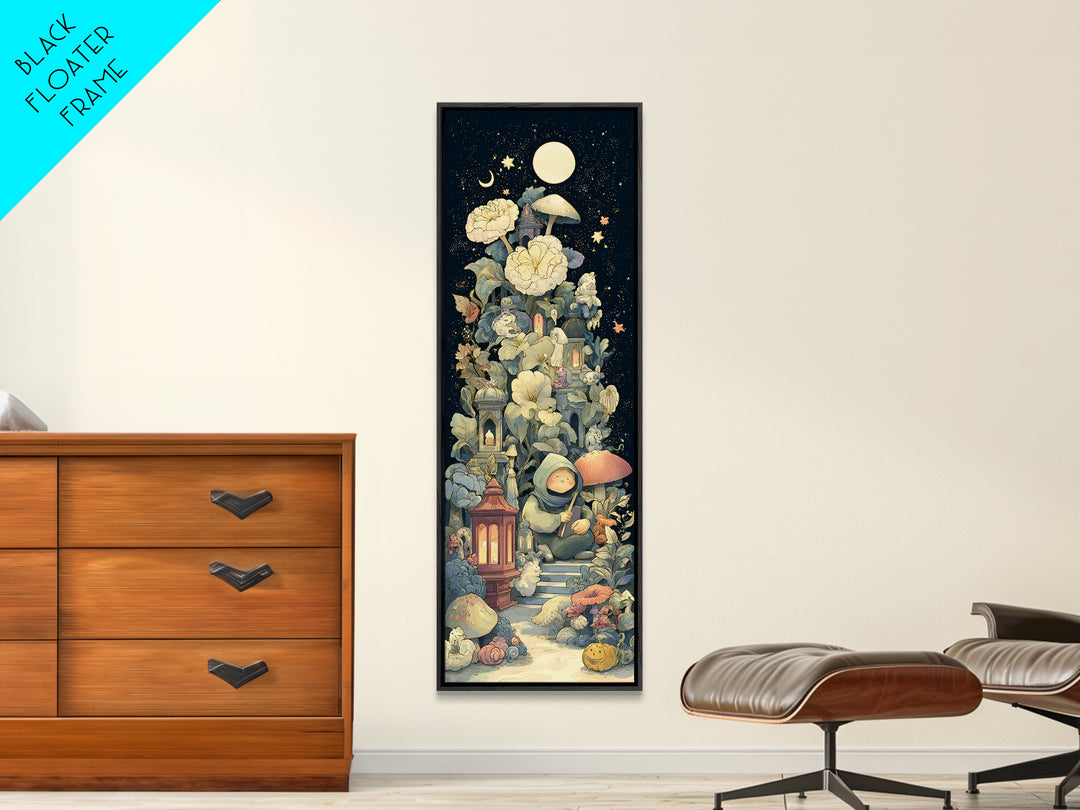 The Garden Of The Eyeless Moon, Kawaii Halloween Art, Tall Narrow Wall Art, Framed Canvas Print, Cute Halloween Wall Art
