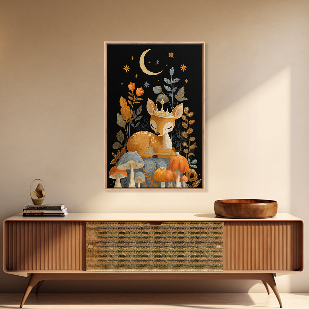 The Moon Princess Deer, Retro Halloween Art, Vertical Wall Art, Canvas Print, Cute Halloween Wall Art