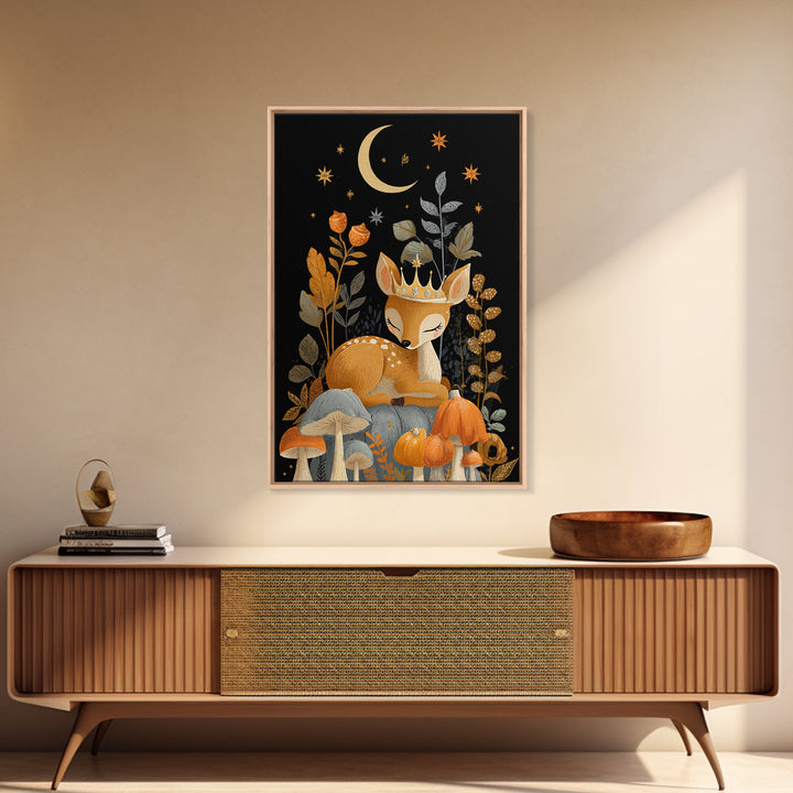The Moon Princess Deer, Retro Halloween Art, Vertical Wall Art, Canvas Print, Cute Halloween Wall Art