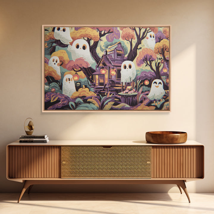 The Ghostly Treehouse, Screenprint Halloween Art, Landscape Wall Art, Framed Canvas Print, Cute Halloween Wall Art