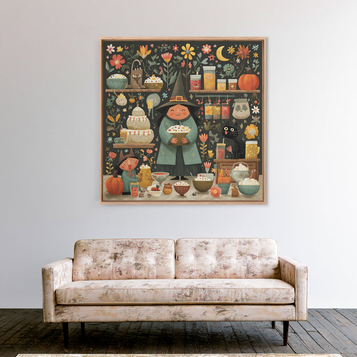 The Candy Witch'S Kitchen, Folk Halloween Art, Square Wall Art, Canvas Print, Cute Halloween Wall Art