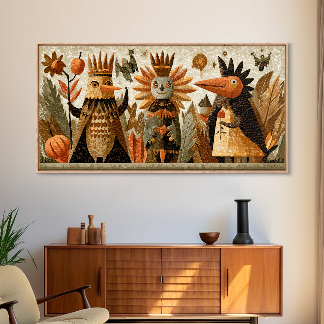 The Autumn Leaf Costume Contest, Linocut Halloween Art, Wide Panoramic Art, Framed Canvas Print, Cute Halloween Wall Art