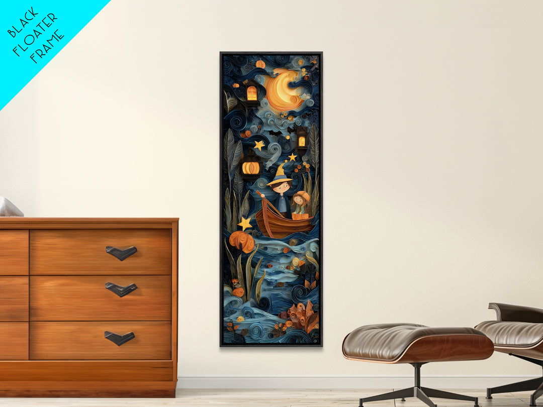 The Ferryman Of The Outer Marsh, Quilled Halloween Art, Tall Narrow Wall Art, Framed Canvas Print, Cute Halloween Wall Art