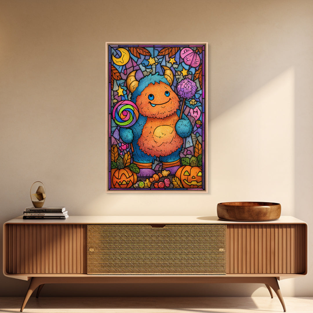 The Rainbow Monster, Stained Glass Halloween, Vertical Wall Art, Canvas Print, Cute Halloween Wall Art