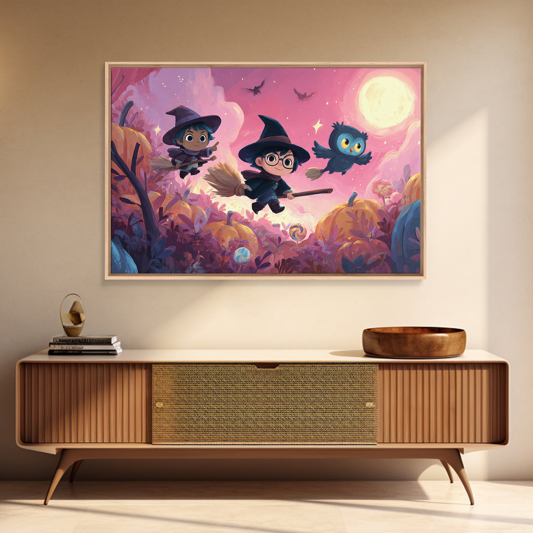 The Broomstick Riding Lesson, Vaporwave Halloween Art, Landscape Wall Art, Framed Canvas Print, Cute Halloween Wall Art